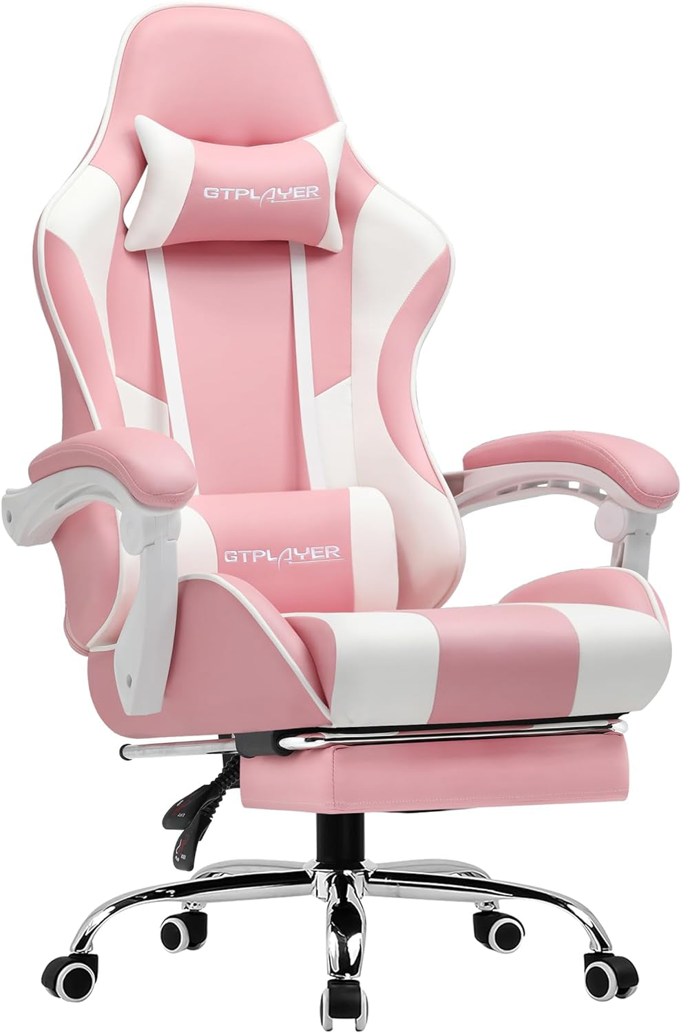Gaming Chair, Computer Chair with Footrest and Lumbar Support, Height Adjustable Game Chair with 360°-Swivel Seat and Headrest and for Office or Gaming (Faux Leather, Pink)-0
