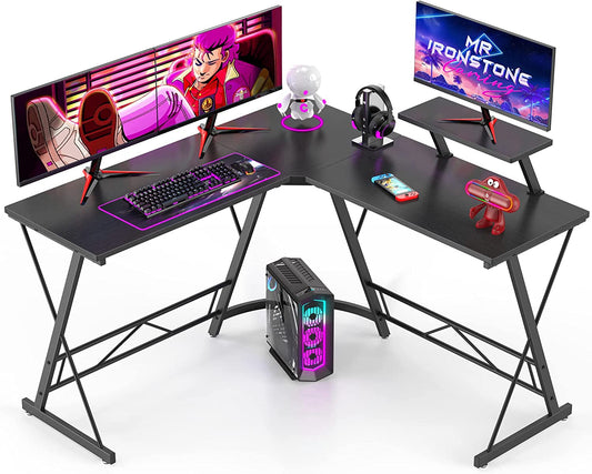 Black L-Shaped Gaming Desk with Monitor Stand-0