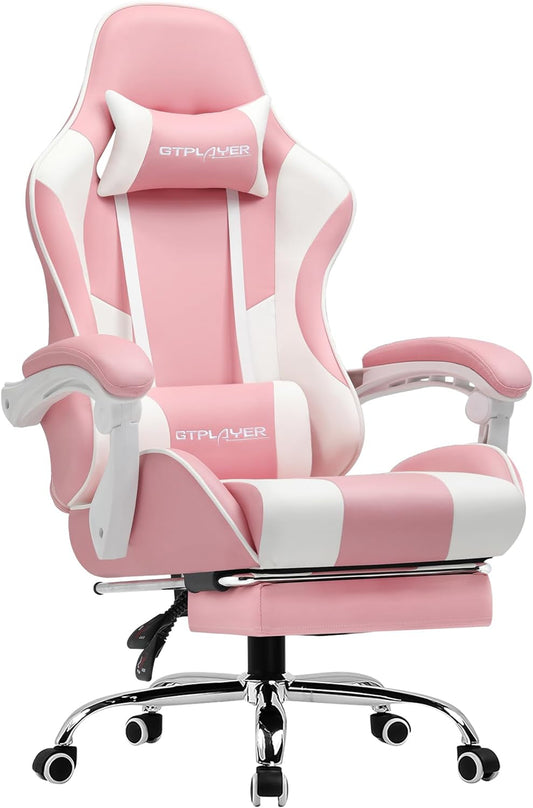 Gaming Chair, Computer Chair with Footrest and Lumbar Support, Height Adjustable Game Chair with 360°-Swivel Seat and Headrest and for Office or Gaming (Faux Leather, Pink)-0
